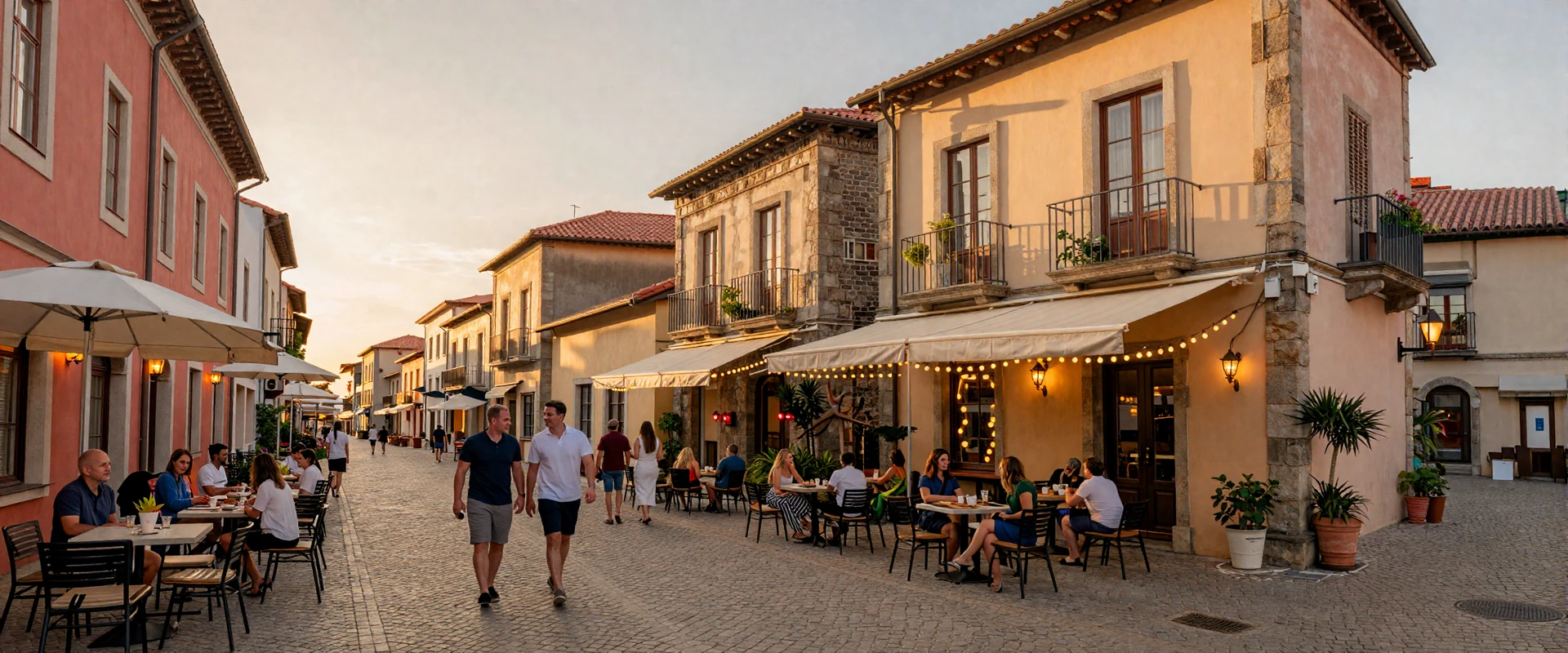 European cobblestone street at sunset with cafe terraces - the perfect setting for learning how to keep conversation going in online dating