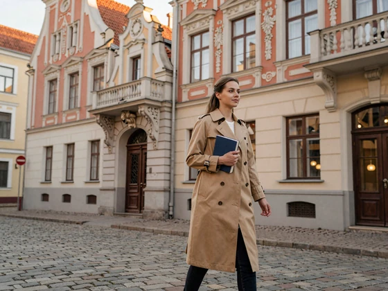 Latvian woman strolling through Riga Art Nouveau district at golden hour - Latvian dating culture and lifestyle