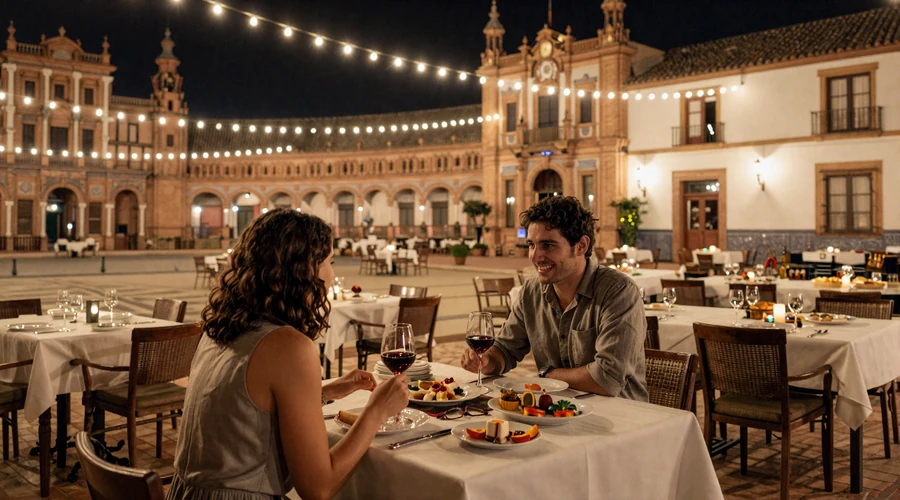 Couple enjoying tapas at an outdoor restaurant in a Spanish plaza at night - Spanish dating scene