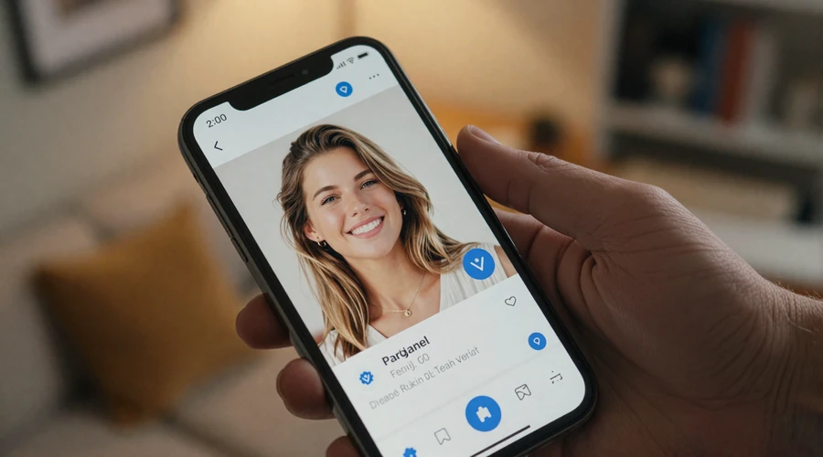 Smartphone displaying a verified dating profile of a European woman with a blue badge - safe European dating site features