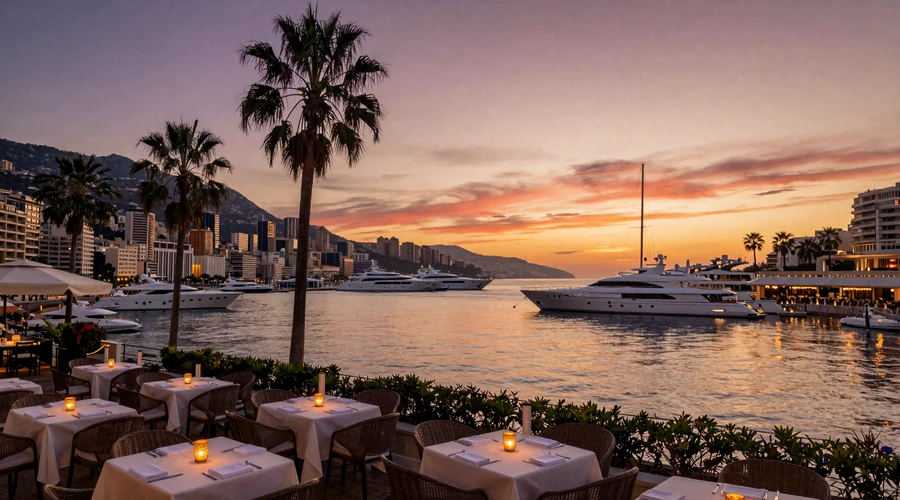 Romantic sunset over Monaco harbor with luxury yachts and candlelit terrace - Monacan dating atmosphere