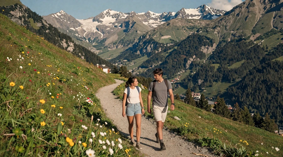 Couple hiking an alpine trail in Liechtenstein with Rhine Valley views and wildflower meadows - outdoor dating culture