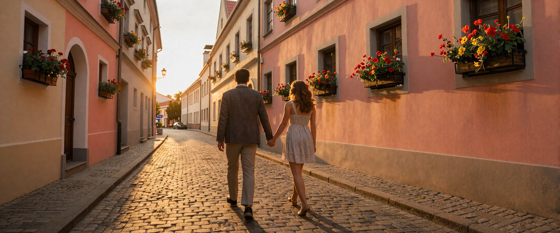 American man and European woman walking hand-in-hand through a cobblestone European street at sunset - international dating success story