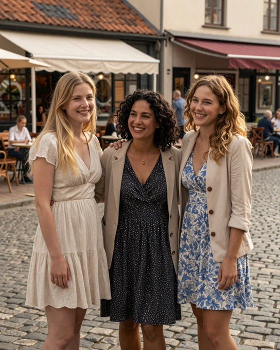 Three verified European women from different countries smiling together on a European street