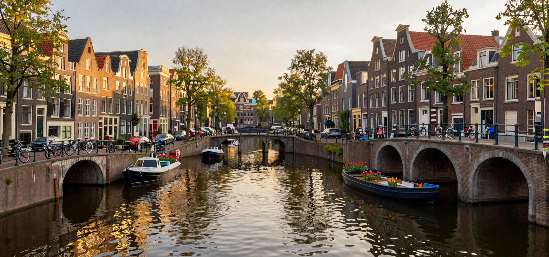 Amsterdam canal houses at golden hour with bicycles and tulips - Dutch women dating scene in the Netherlands