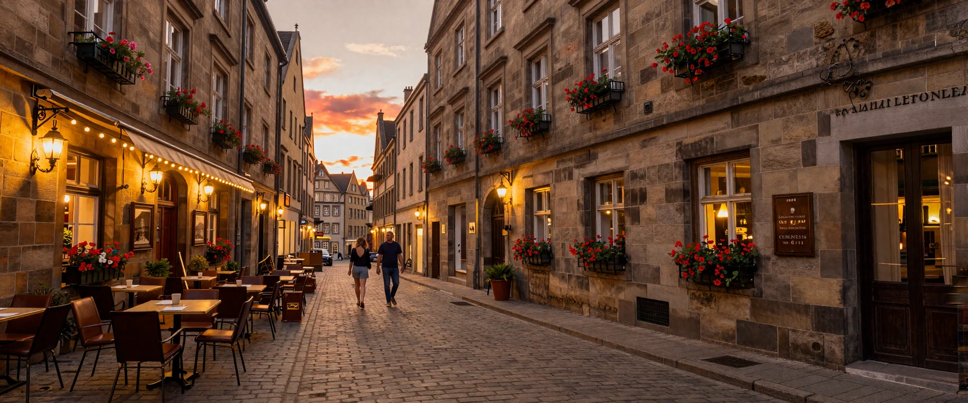 Romantic European cobblestone street with outdoor cafes at golden hour - European dating culture setting