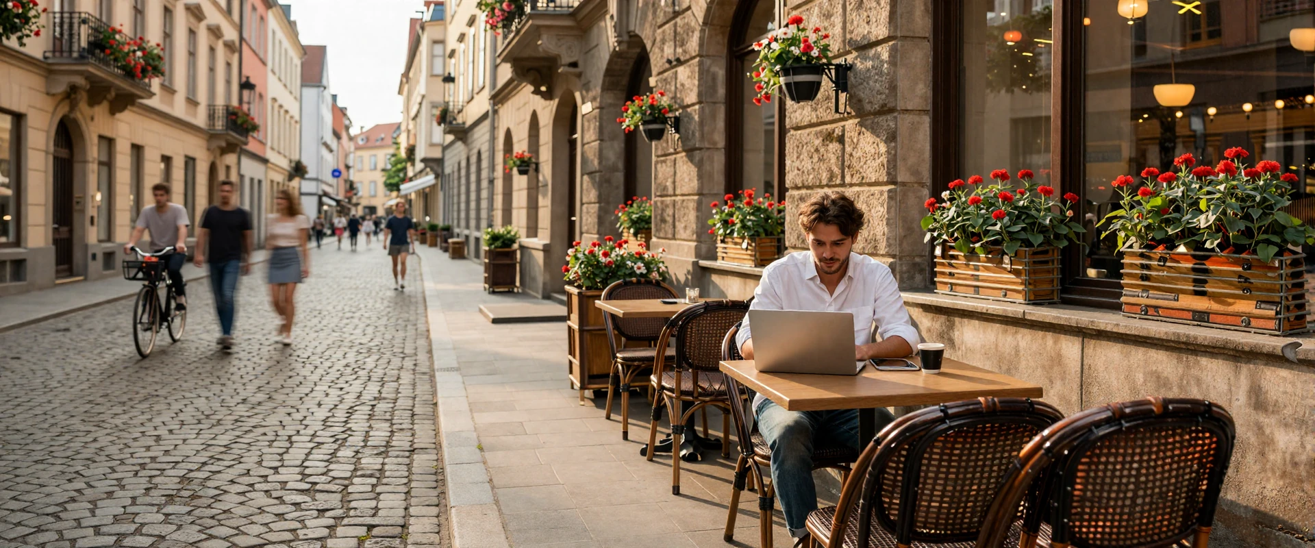 Person browsing a dating website on a laptop at a charming European sidewalk cafe - free European dating sites guide