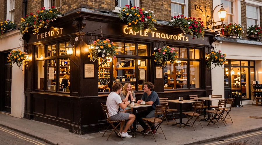 Couple chatting outside a traditional British pub in London - British dating culture