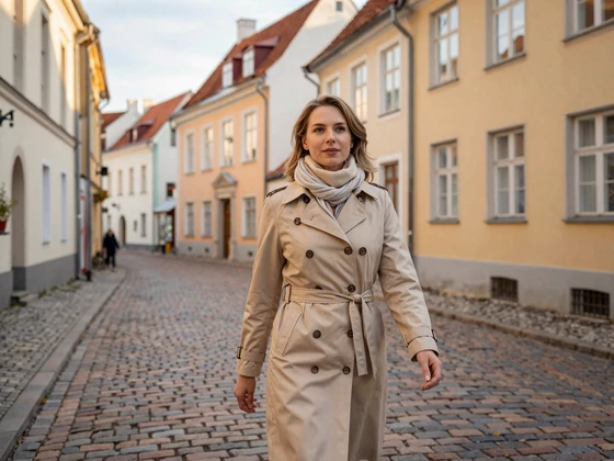 Estonian woman walking through Tallinn Old Town cobblestone streets in autumn - Estonian dating lifestyle scene