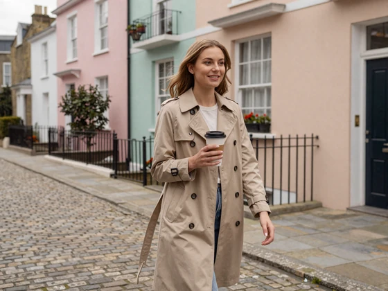 British woman walking through a charming London mews street holding coffee - UK dating lifestyle