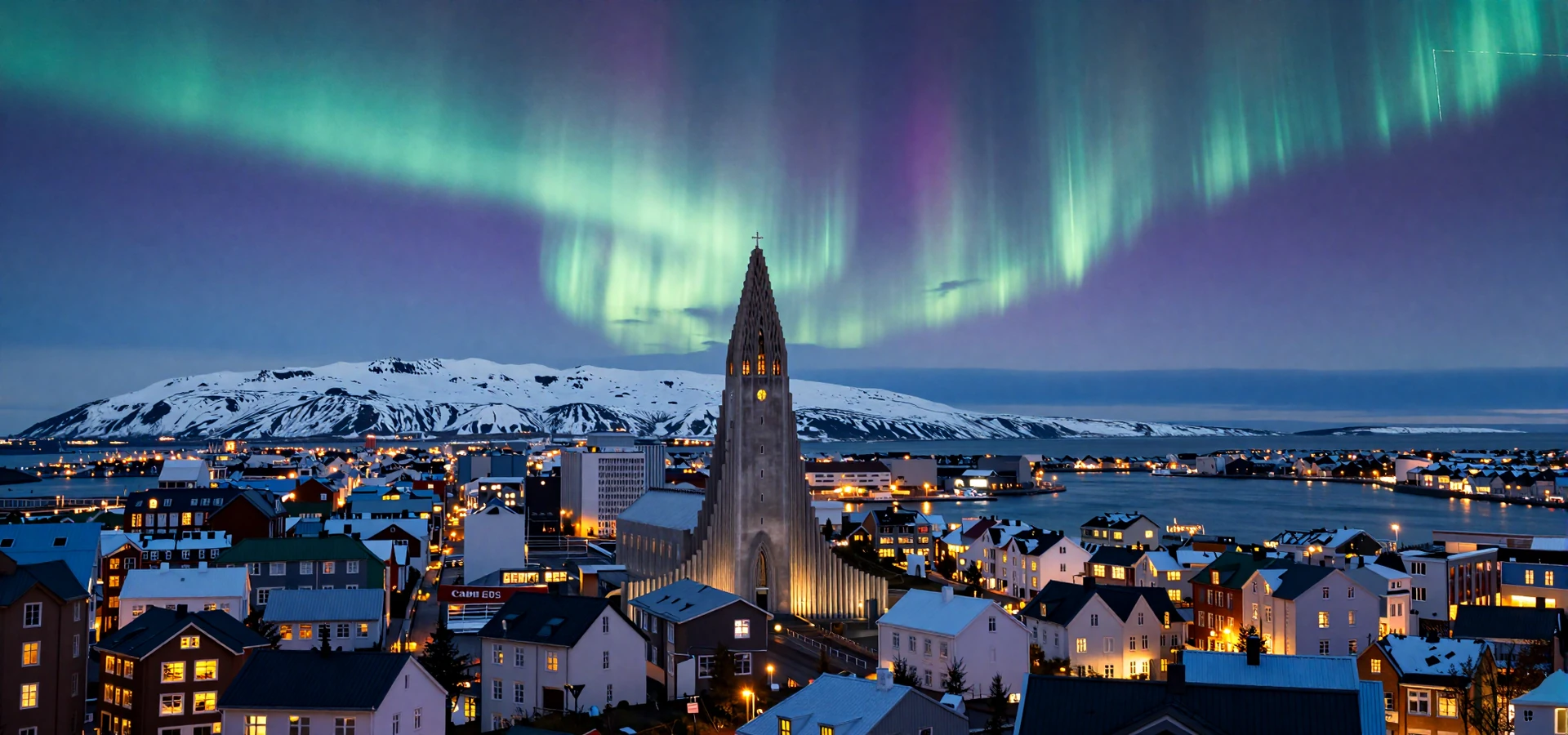 Reykjavik skyline at twilight with Northern Lights aurora borealis over Hallgrimskirkja - Icelandic women dating scene