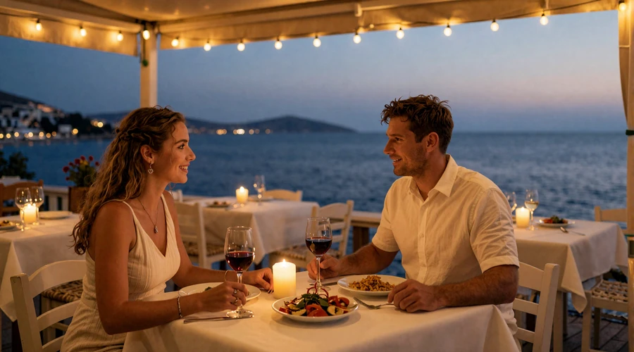 Couple dining at an outdoor Greek taverna with sea view at twilight - Greek dating culture experience
