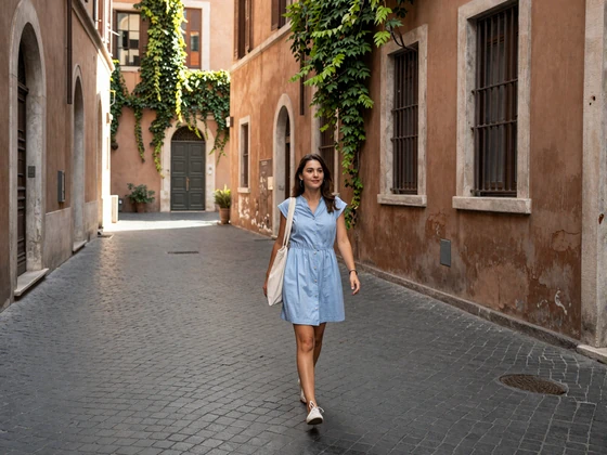 Italian woman walking through a cobblestone street near Vatican City in Rome - Vatican area dating lifestyle