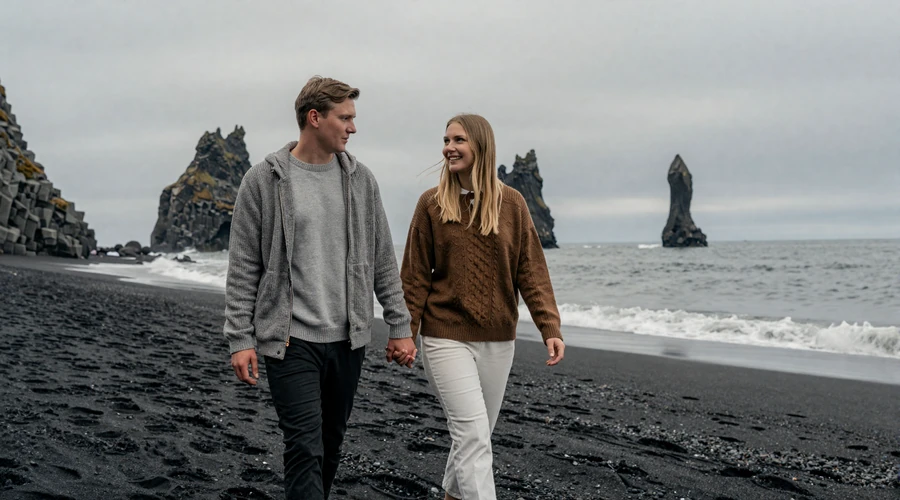 Couple walking on an Icelandic black sand beach with basalt sea stacks - romantic dating in Iceland