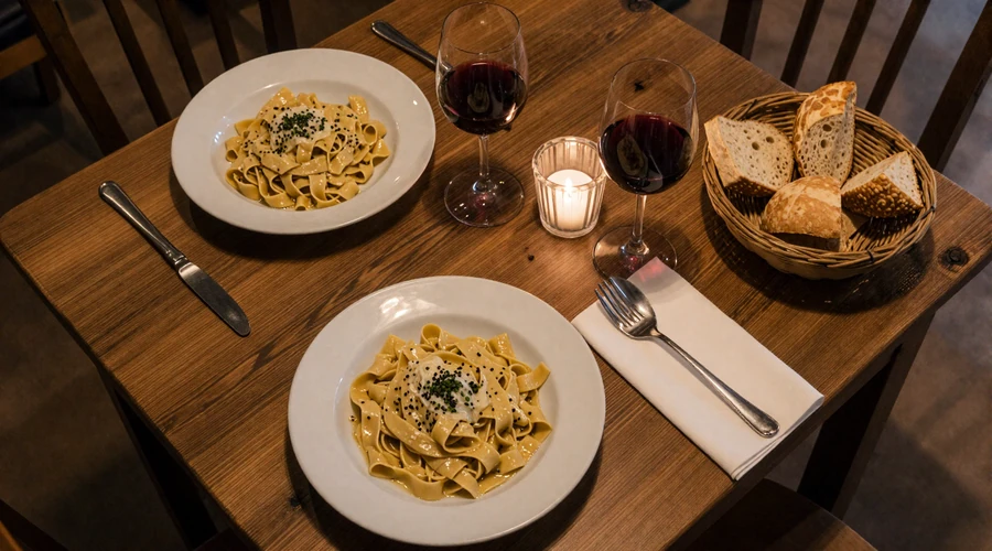 Traditional Roman dinner table in Trastevere with cacio e pepe and wine - Vatican area dating cuisine culture