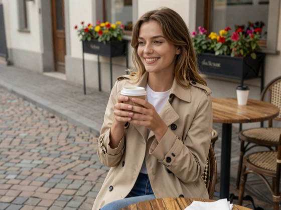 European woman enjoying coffee at a charming outdoor cafe in a historic European city