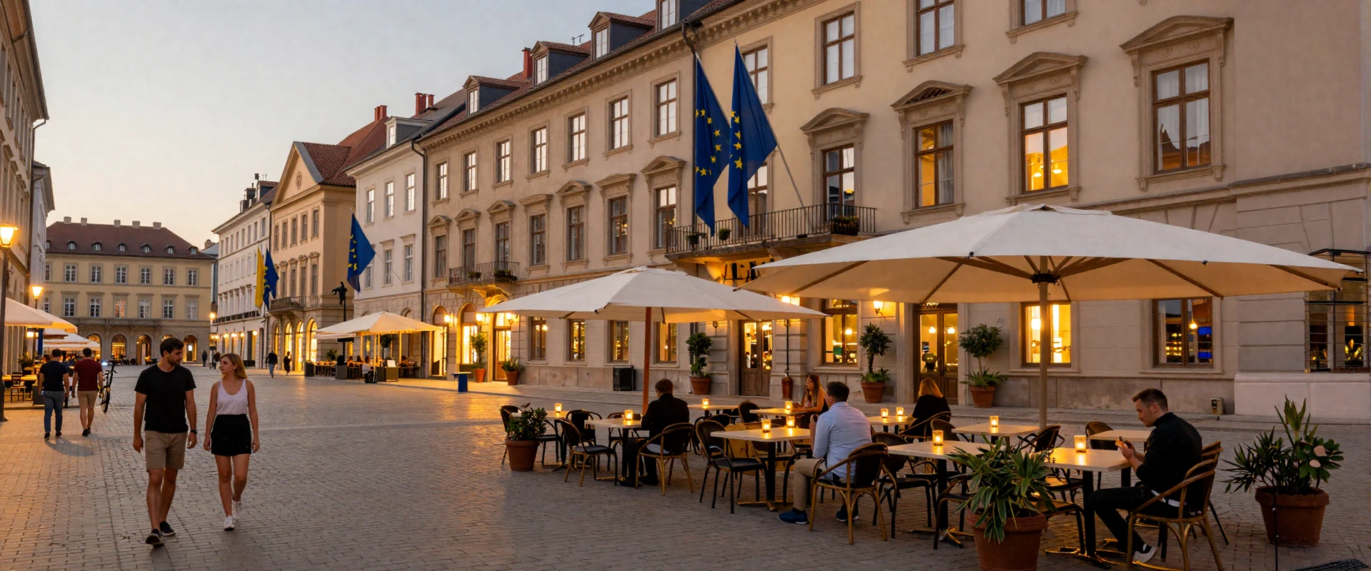 European city square at golden hour with cafe lights - the backdrop for finding the best dating app in Europe