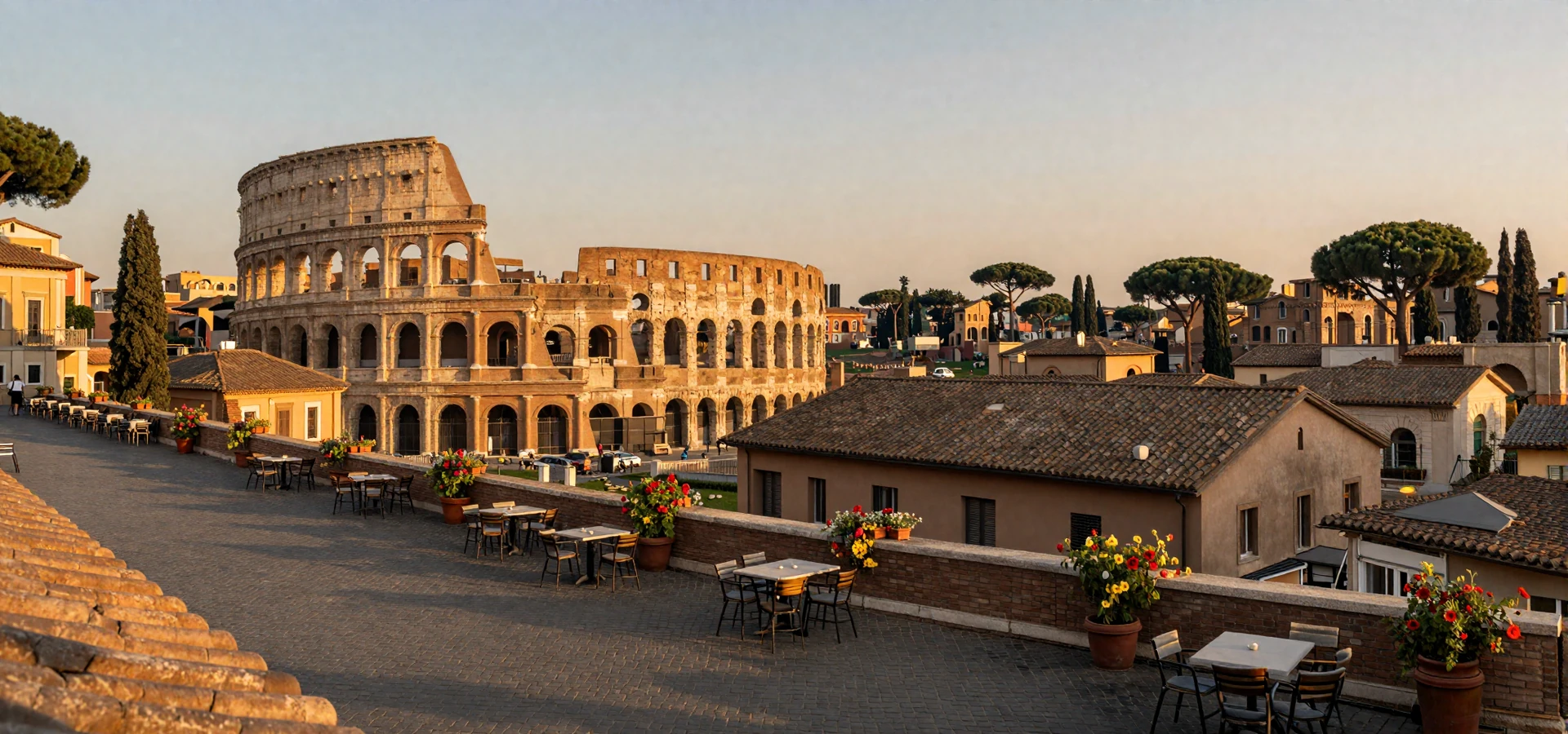 Rome skyline at golden hour with Colosseum and cobblestone piazza - Italian women dating scene
