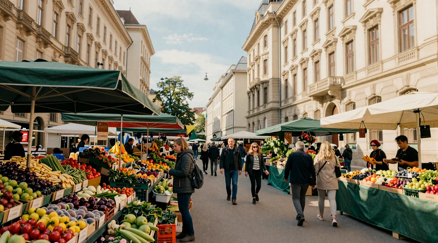 Vienna Naschmarkt outdoor market scene on a sunny morning - Viennese dating culture and social life