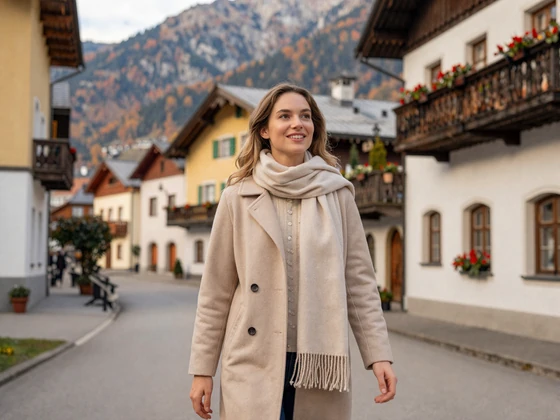 Woman walking through a charming alpine village street in Liechtenstein with mountain backdrop - Liechtenstein dating lifestyle