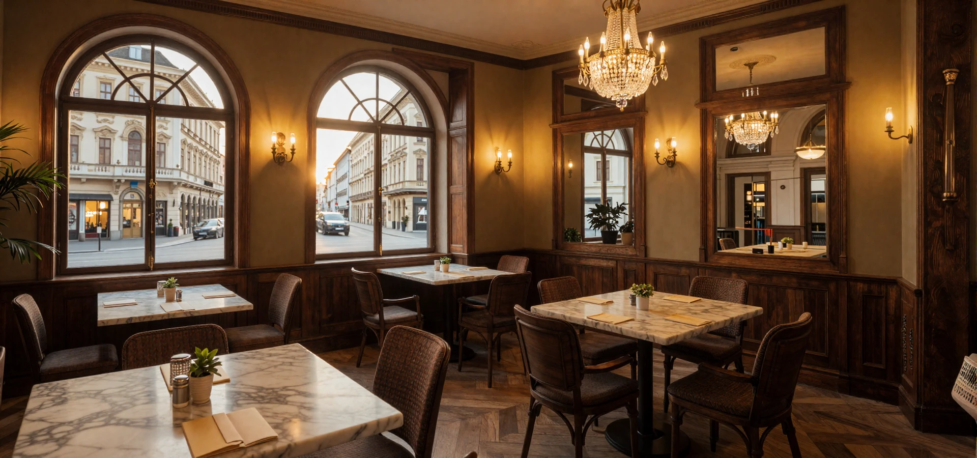 Elegant Viennese coffeehouse interior with chandeliers and marble tables - Austrian women dating scene