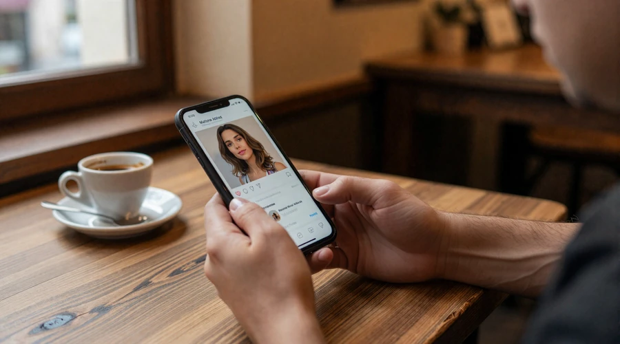 Man browsing dating app profiles of European women on smartphone at a European cafe - choosing the best dating app in Europe