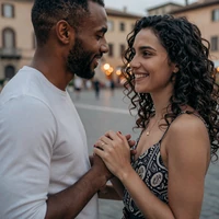 American man and Italian woman holding hands in an Italian piazza