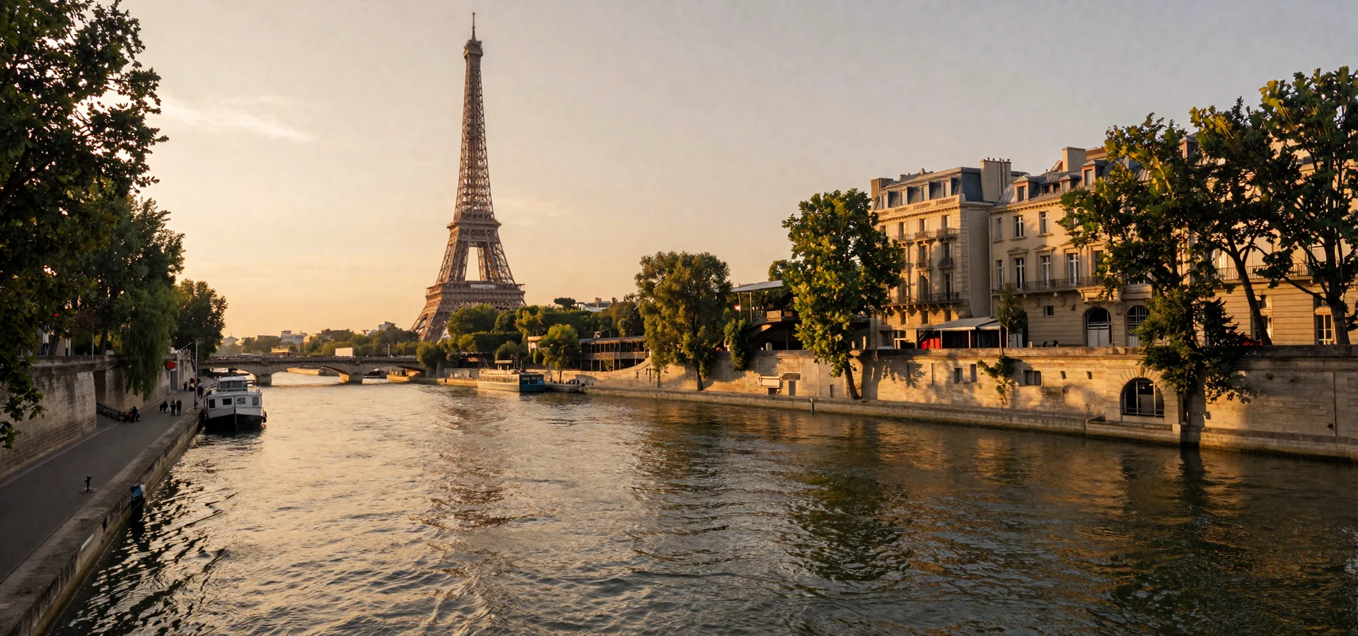 Paris Seine riverbank at golden hour with Eiffel Tower in background - French women dating scene