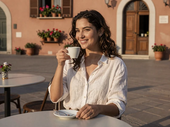 Italian woman enjoying espresso at an outdoor piazza café in warm Mediterranean light - Italian dating lifestyle
