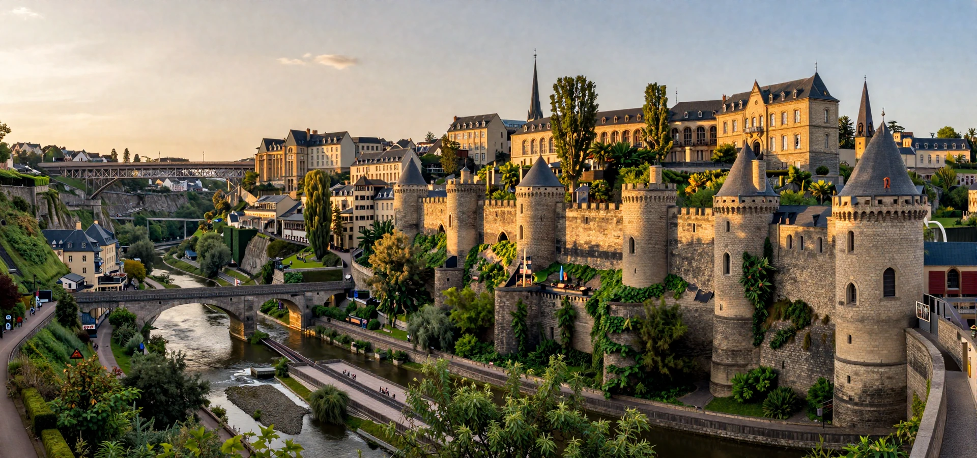 Luxembourg City Grund district at golden hour with Adolphe Bridge and Alzette valley - Luxembourg dating scene