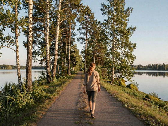 Finnish woman walking along a scenic lakeside path surrounded by birch and pine trees in summer - Finnish dating lifestyle