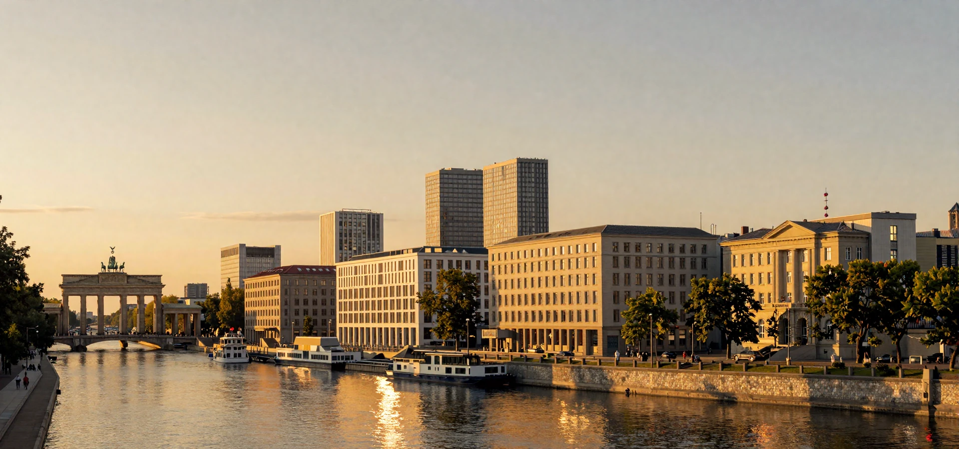 Berlin skyline at golden hour with Brandenburg Gate and the Spree river - German women dating scene