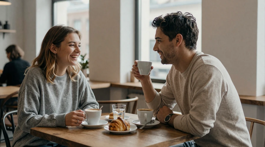 Happy American-Swedish couple enjoying fika in a cozy Gothenburg cafe - international dating success story