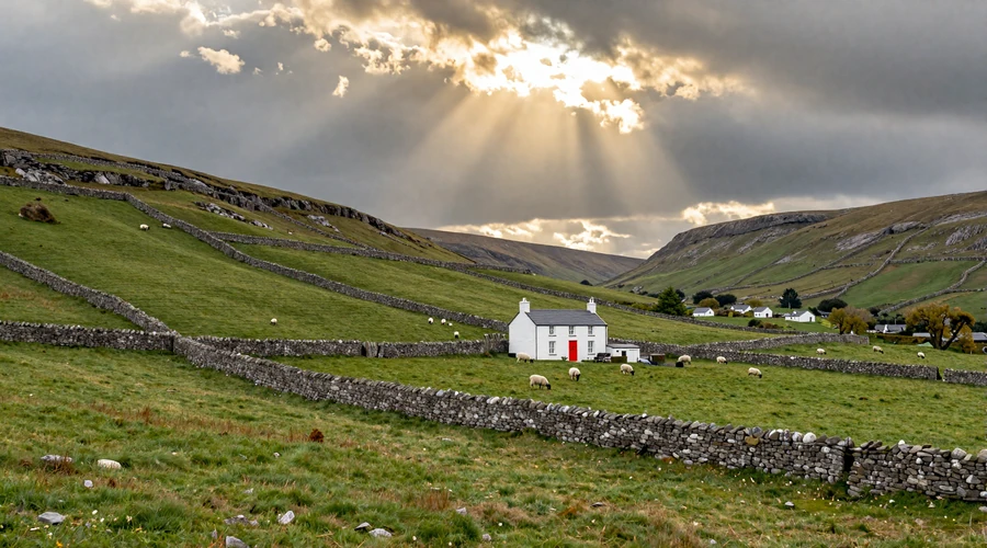 Beautiful Irish countryside with green rolling hills and stone walls - Ireland romantic landscape