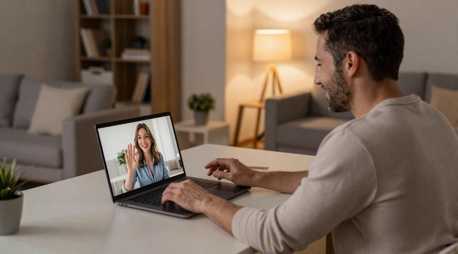 American man having a video call with a European woman on a dating platform