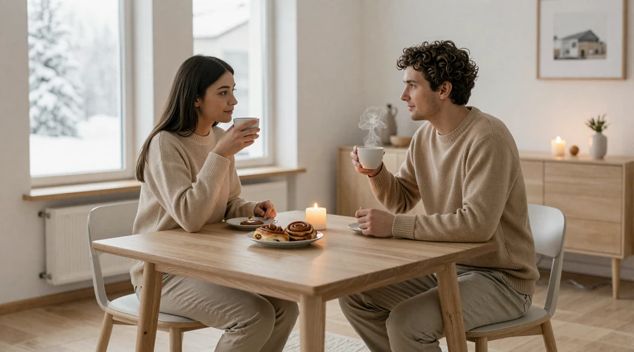 Cozy Scandinavian fika coffee break with cinnamon rolls and candles - a typical Nordic first date setting