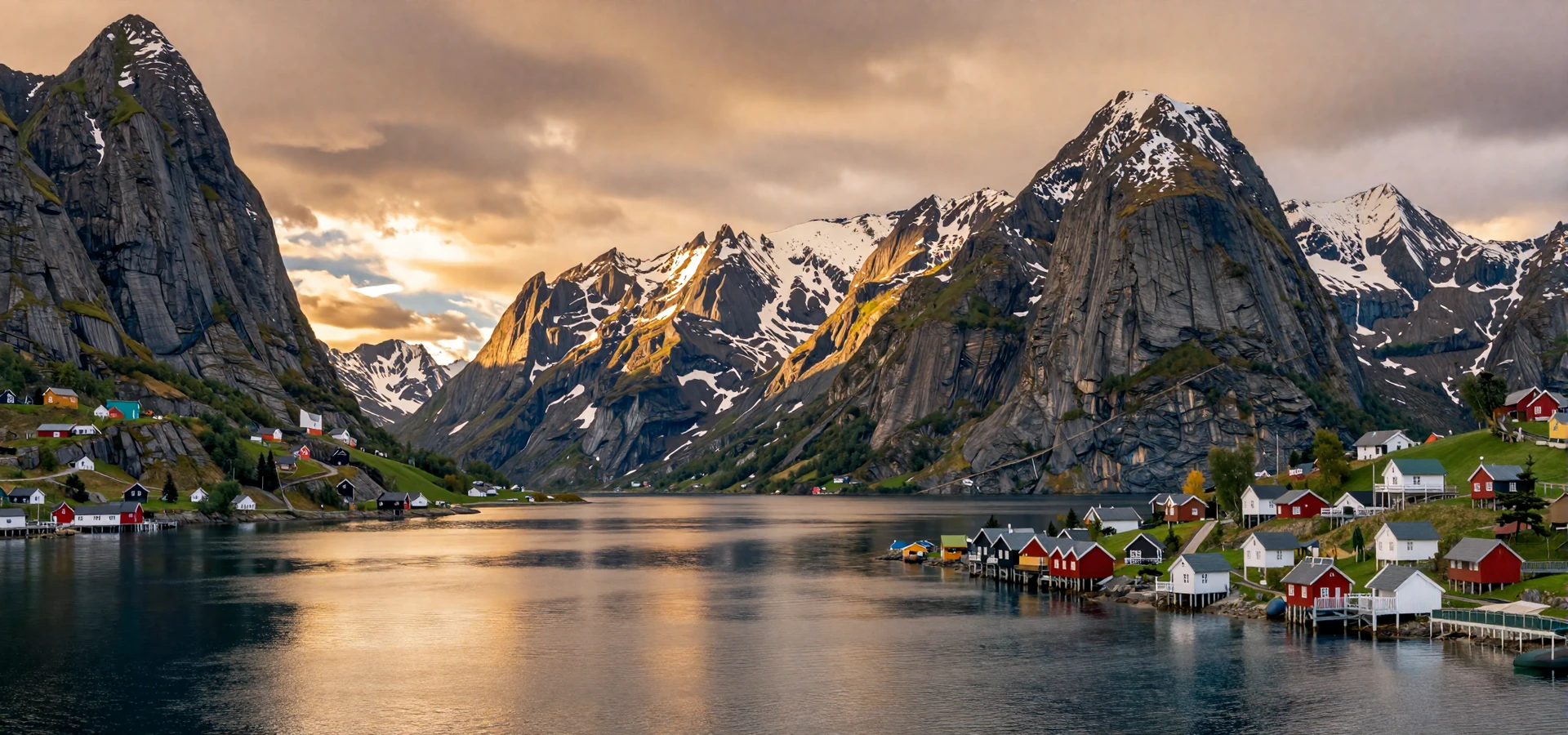 Norwegian fjord landscape at golden hour with snow-capped mountains and colorful Nordic village - Norwegian women dating scene