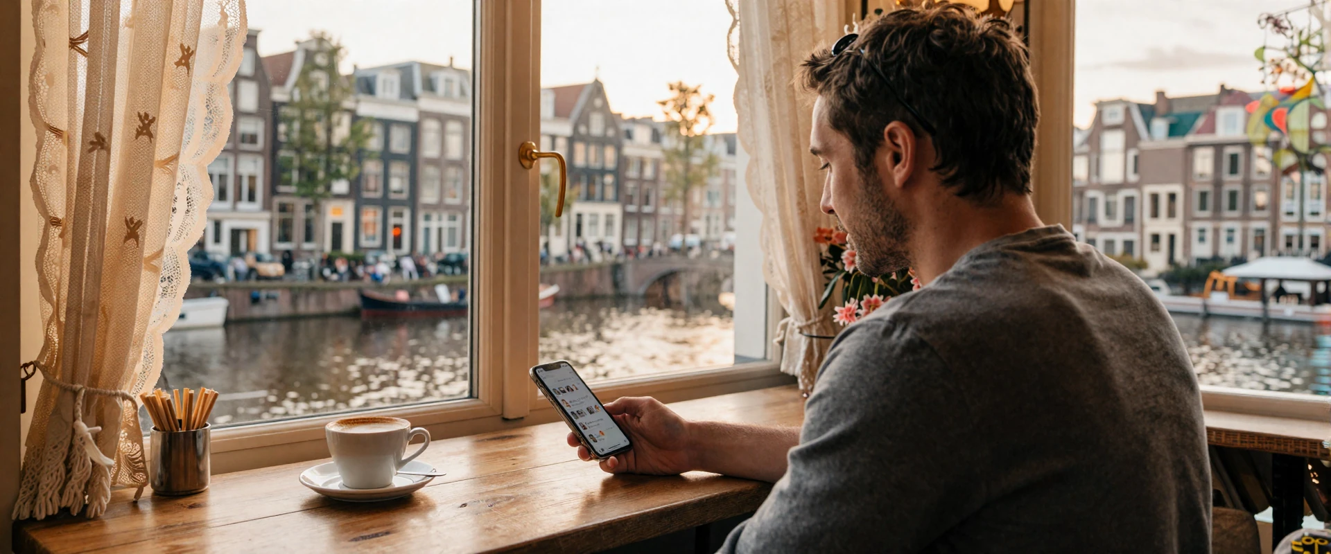 Man composing an online dating message at a European cafe - conversation starters for European women