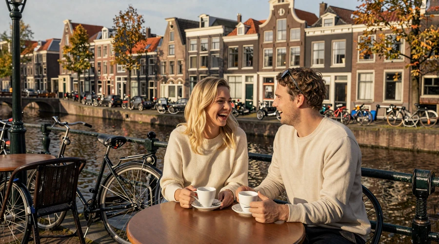 Couple enjoying coffee at a Dutch canal-side terrace in autumn - Amsterdam dating culture