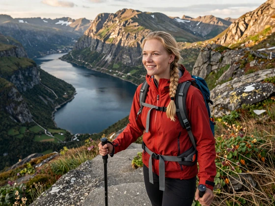 Norwegian woman hiking a mountain trail overlooking a fjord - outdoor dating culture in Norway