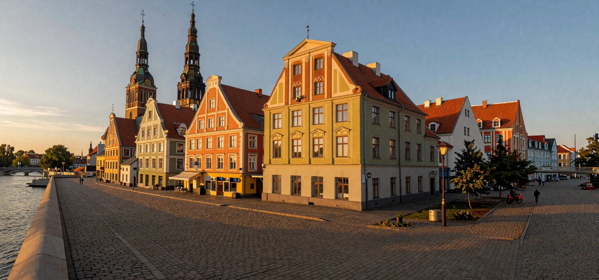 Riga Old Town panorama at golden hour with art nouveau architecture and Daugava river - Latvian women dating romantic backdrop
