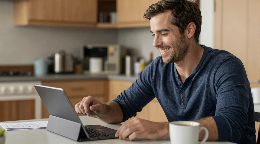American man having a video call with his European girlfriend from his cozy kitchen - long-distance relationship in action