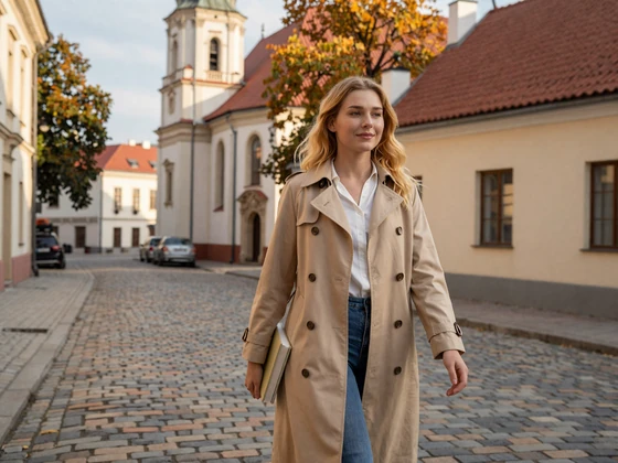 Lithuanian woman walking through Vilnius Old Town baroque streets in autumn - Lithuanian dating culture lifestyle