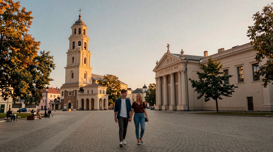 Vilnius Cathedral Square at sunset with baroque architecture and golden autumn trees - Vilnius dating scene romantic destination