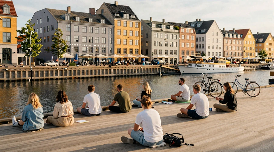 Copenhagen waterfront at Islands Brygge with young people enjoying summer evening - Copenhagen dating scene