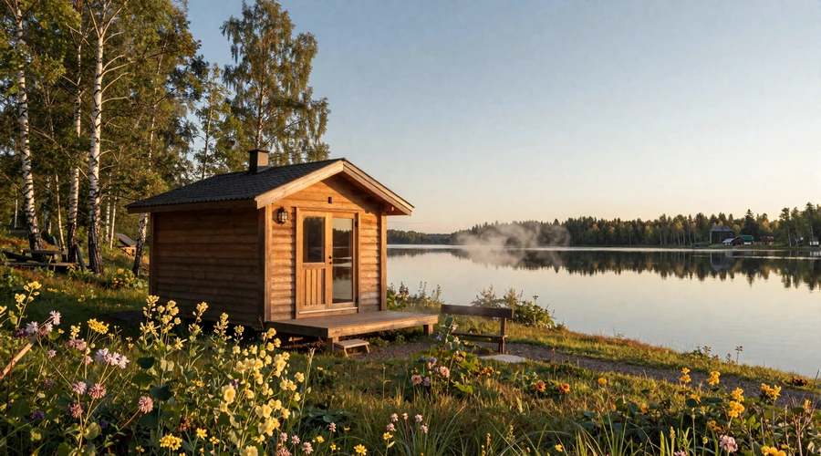 Finnish lakeside cottage with wooden sauna and birch trees in summer evening - authentic Finnish dating culture setting