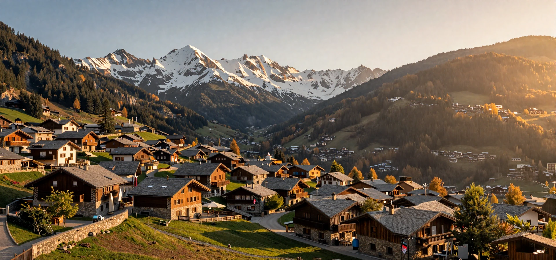 Pyrenees mountain panorama with Andorran village at golden hour - Andorran women dating romance backdrop