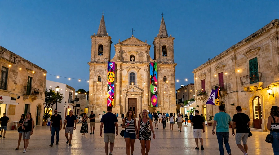 Maltese village festa celebration with illuminated baroque church and festive crowds - Malta cultural dating traditions