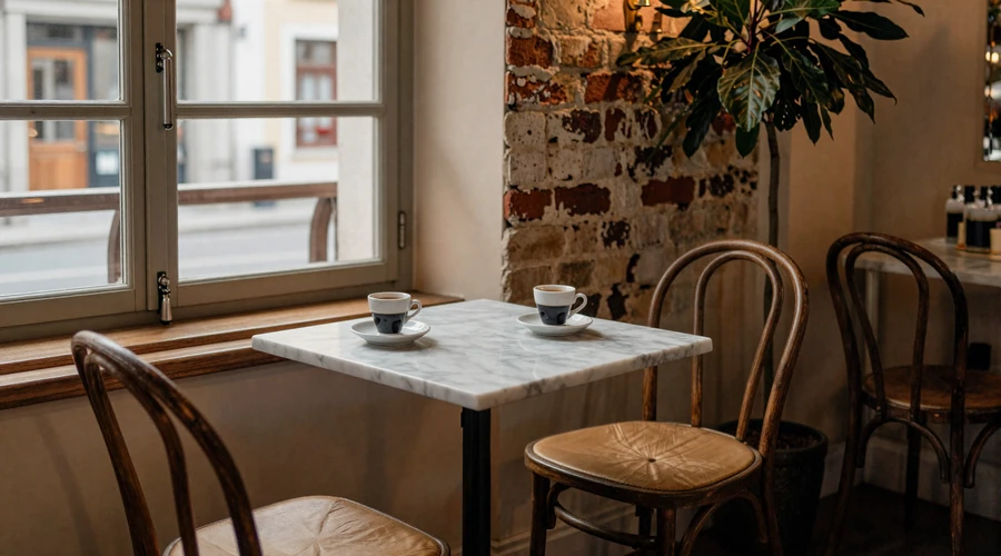 Cozy European cafe with two espresso cups on a marble table - a typical casual European first date setting