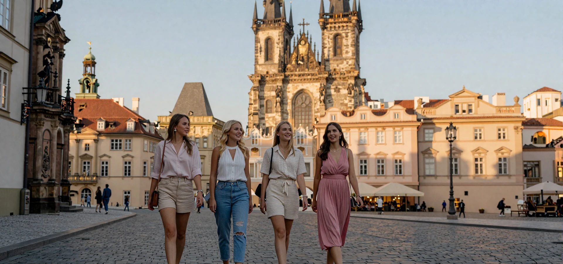 Beautiful European women walking through a historic European city at golden hour